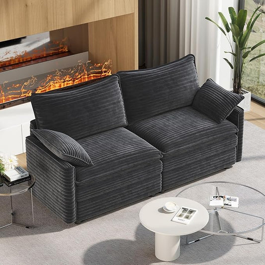 Vesgantti 74" Loveseat Sofa for Living Room, Comfy Cloud Couch Deep Seat Corduroy Modern 2 Seater Small Sofa with Armrest Pillow, Easy Assembly for Small Spaces, Gray | Sink-in Comfort, Height Adjustable, Easy Rearrangement, Extra-deep Ottoman, Solid W...