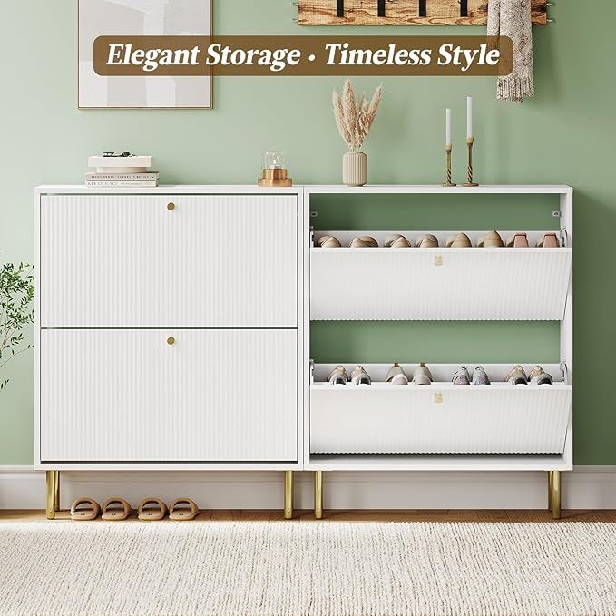 Nicetree Shoe Storage Cabinet for Entryway - 2 Flip Drawers Shoe Cabinet with Tiered Fluted Design - Slim Shoe Storage Rack with Gold Legs - Narrow Shoe Cabinet Hidden Shoe Organizer for Small Spaces