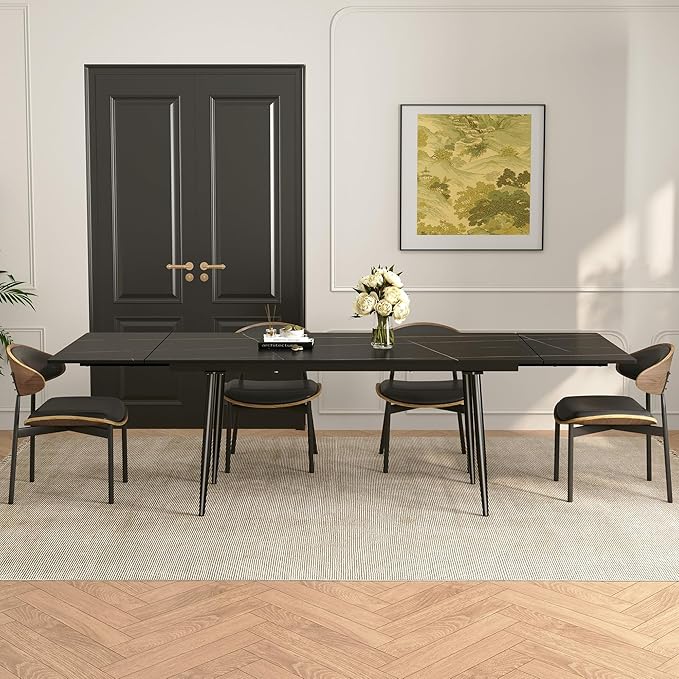 62.9"-94.4" Modern Extendable Dining Table for 6 to 10 Seats, Rectangular Sintered Stone Table with High Hardness and Easy Maintenance for Dining Room Family Gathering, Black Top