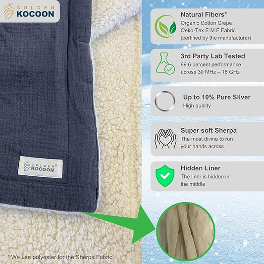 .E-M-F Blanket - Organic Cotton Crepe & Sherpa Blanket, with EcoMesh™ Fara-day Silver Liner - Size 48x59 inch (122cm x 150cm) - ideal for everyday 5 G, B T, Smart Meter & Wi Fi environments
