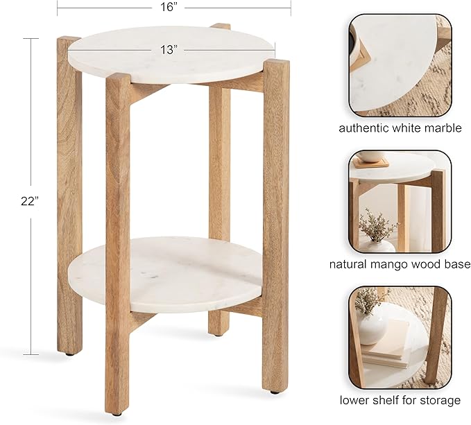 Kate and Laurel Moxley Transitional Round Side Table; 16 x 16 x 22; White Marble and Natural Wood; Tiered Pedestal Table with Authentic Marble Tabletops for Bedroom Nightstand or Indoor Plant Stand