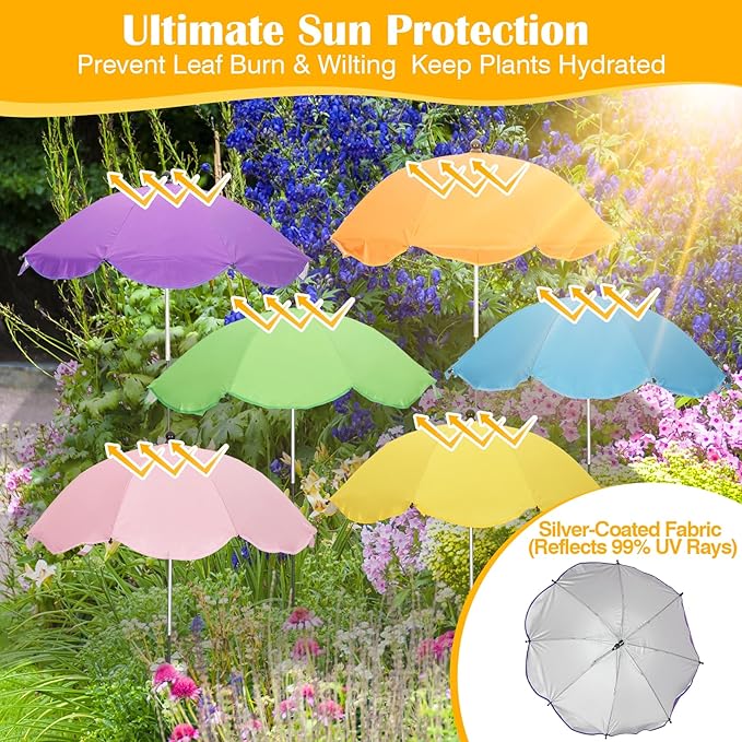 6Pack Plant Umbrellas for Outdoor Plants - 26" Large Garden Sun Shade for Plants with Adjustable Angle & Height (Max 43") - Plant Shades for Outdoor Plants, Flowers & Garden Beds - Plant Umbrella Shade for Potted Plants