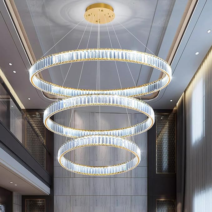 24''+32''+40'' Modern Ring Chandelier Crystal Chandeliers for Dining Room Round LED Dimmable Ceiling Light Fixture for Living Room Bedroom Lighting Gold