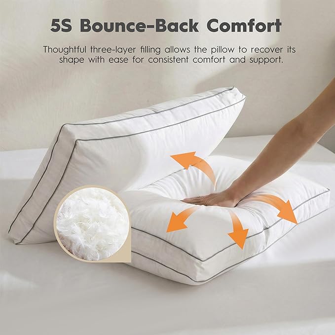 Ubauba Goose Feather Down Fiber Pillows Queen Size Set of 2, Supportive Gusseted Luxury Hotel Pillow, Comfortable Bed Pillow for Sleeping, Cloud-Soft Pillow for Side, Back & Stomach Sleepers, 20x30 in