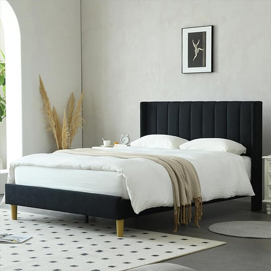 YUHUASHI upholstered Platform Bed Frame/Full Bed Frame/Modern Geometric Double-Wing Design headboard/Linen Fabric/Easy to Assemble no Noise (Black, Full)