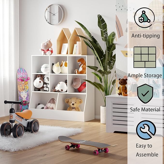 DINZI LVJ Toy Storage Organizer, Kids Bookshelf, Wood Toy Storage Cabinet, 3-Tier 8 Cubby Children Bookcase, 39.4" L Toddler Book Shelf for Playroom, Living Room, Nursery, Hallway, School, White