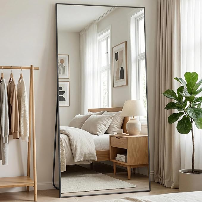 Full Length Mirror, 79"x32" Full Body Mirror, Floor Mirrors with Stand, Body Mirrors Standing Hanging Leaning Against Wall,Aluminum Frame Mirrors for Bedroom Cloakroom,Living Room,Black