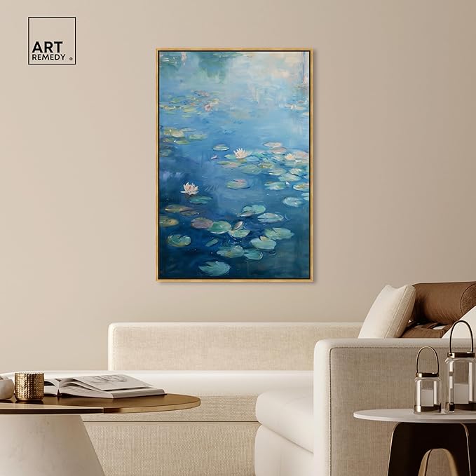 Art Remedy Lilypads In Blues Framed Impressionism 1 Piece Canvas Wall Art/Monet And Van Gogh Inspired Art, 37.5" x 55.5", Gold Frame
