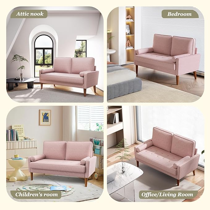 Vesgantti Loveseat Sofa with Solid Wood Legs, 48" Small Couches for Small Spaces, Love Seat for Living Room, Bedroom, Easy Assembly Mid Century Modern Couch with Throw Pillow for Apartment, Pink