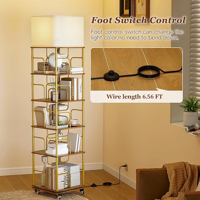 5 Tier Rotating Bookshelf with LED Light 360° Swivel Bookcase with Wheels Space-Saving Tall Corner Shelf Square Floor Standing Shelf Metal and Wood Bookshelves for Bedroom Living Room Office