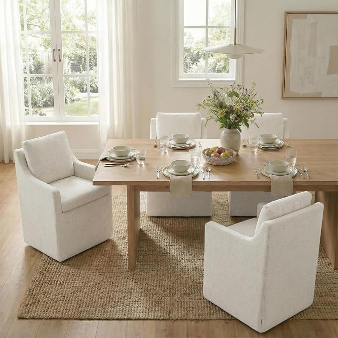 Upholstered Dining Chairs Set of 4, Modern Dining Room Chairs with Casters & Washable Cover, Rolling Accent Chair with Hidden Storage for Kitchen, Farmhouse, Living Room, Linen Fabric, 4 Box