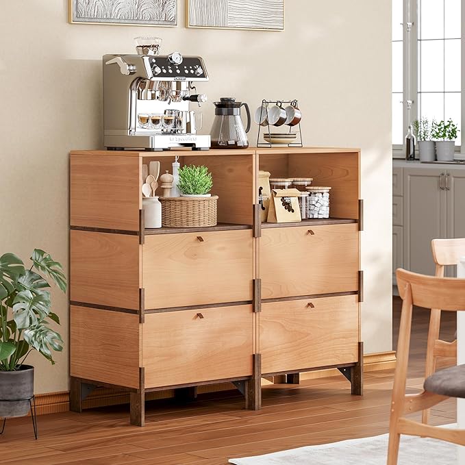 Sebastack Sideboard, Buffet Cabinet with 2 Drawers & Open Storage, Easy Assembly Coffee Bar Wood Buffet Table for Kitchen, Dining Room, Bathroom, Office, Hallway, Beech Color (1 pcs)
