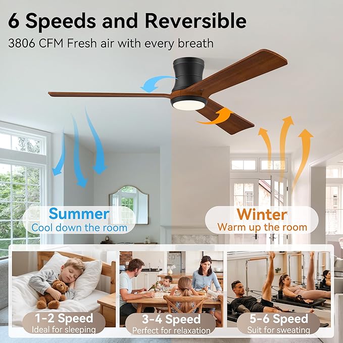 52in Smart Ceiling Fans with Lights,Low Profile Modern Wood Ceiling Fans,Remote/APP/Alexa Control,Outdoor Indoor Flush Mount Ceiling fan,for Patio Bedroom Farmhouse,3 Walnut Blade,Reversible,Quiet