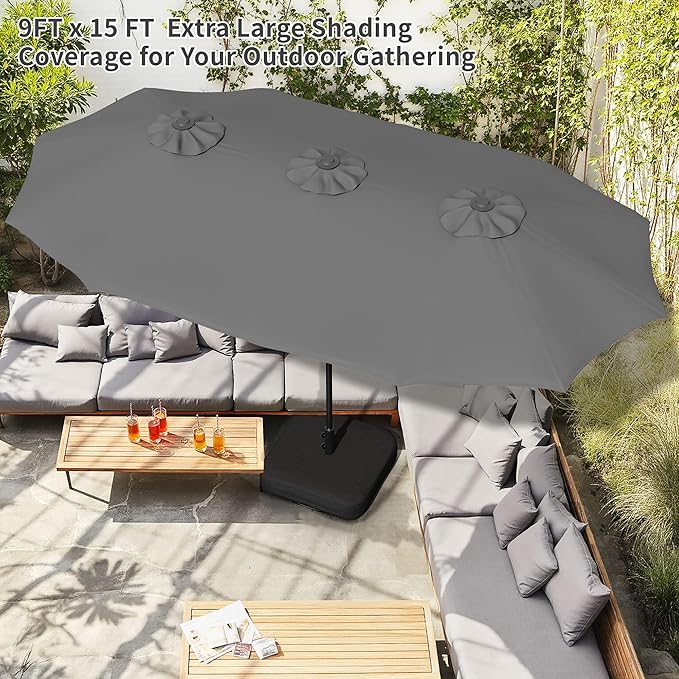 Shintenchi 16FT Large Patio Umbrella with Base Included, Outdoor Double-Sided Rectangular Shade with Crank Handle for Poolside Lawn, Deck & Garden, Gray