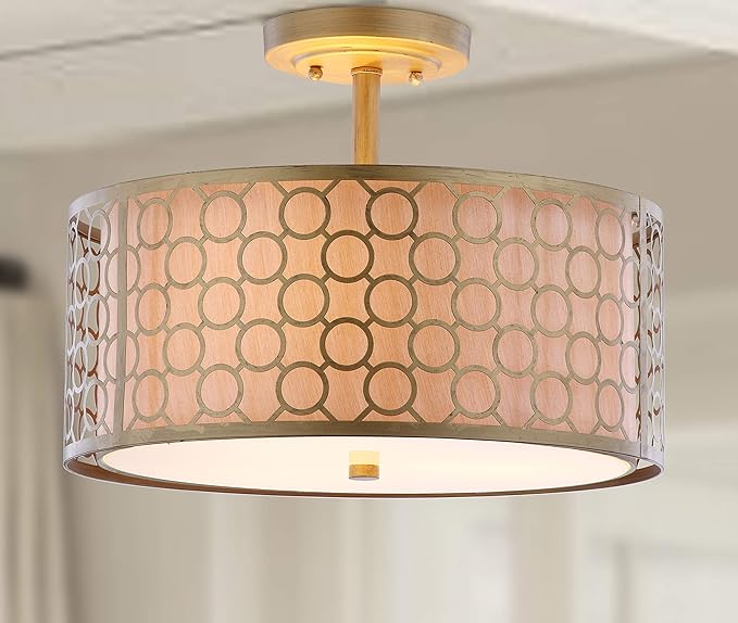 SAFAVIEH Lighting Collection Giotta Farmhouse Antique Gold 16-inch Diameter Semi Flush Mount Ceiling Light Fixture (LED Bulbs Included)