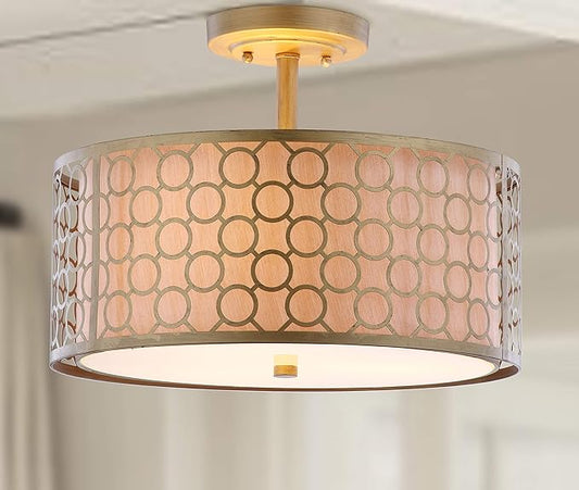 SAFAVIEH Lighting Collection Giotta Farmhouse Antique Gold 16-inch Diameter Semi Flush Mount Ceiling Light Fixture (LED Bulbs Included)