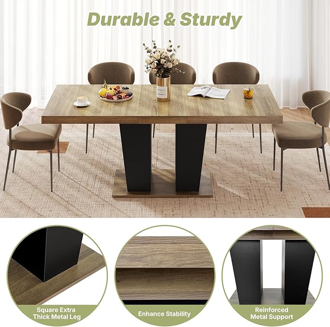 63"-78.7" Expandable Dining Table, 6-10 Rectangle Table, Extendable Console Table, Wooden Farmhouse Kitchen Table with Metal Track & Dual Column Base for Living, Office-Brown