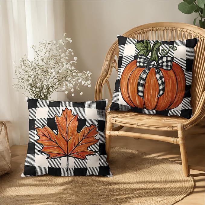 Fall Outdoor Throw Pillow Covers 18x18 Set of 2 Orange Pumpkin Maple Leaves Buffalo Plaid Autumn Decorative Pillow Cases Farmhouse Thanksgiving Cushion Cases for Couch Sofa