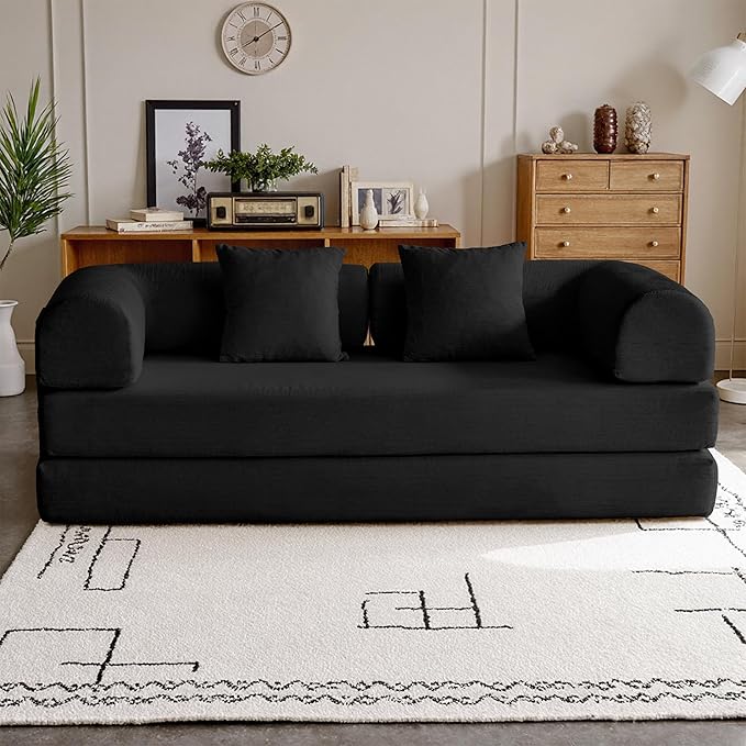87'' Convertible Compressed Corduroy Folding Cloud Sofa Bed, Modern Modular Boneless Pull Out 3 Seater Sleeper in a Box, 5 in 1 Foldable Floor Mattress Couch, No Assembly Needed, Black, Pillows, King