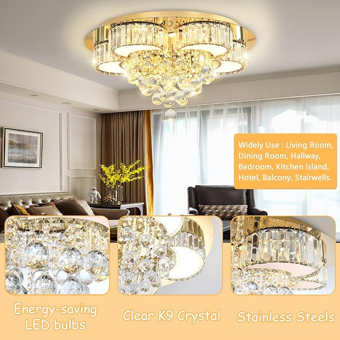 23.6'' Gold Modern Crystal Chandeliers for Dining Room LED Dimmable Light Fixtures Flush Mount Light Living Room Bedrooms
