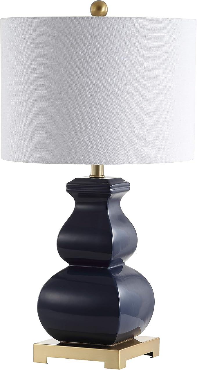 JONATHAN Y 25.5" Navy Blue/Gold Ceramic Table Lamp for Living Room Bedroom, White Linen Shade, Modern Footed Vase Bedside Lamp, LED Bulb Included, UL Listed JYL3049A