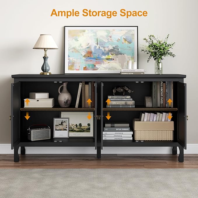 63" Carved Buffet Cabinet with Mirrored Door, Modern Console Cabinet with Storage and Adjustable Shelves, Wood Media Cabinet for Entryway, Living Room, Bedroom, Dining Room, Bathroom (Black)