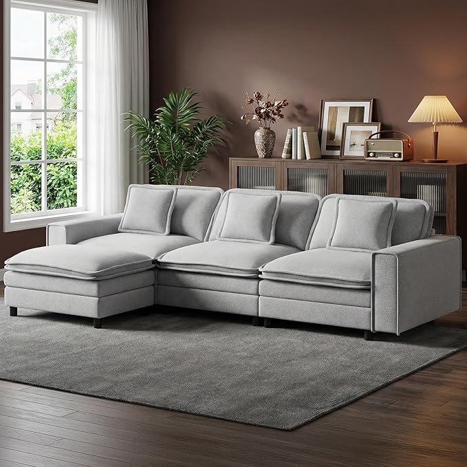 MALOL Modular Sectional Sofa 107", Comfy Cloud Couch with Ottoman, Deep 4-Seat L Shaped Modular Sofa, Couches with Throw Pillows for Living Room, Light Grey