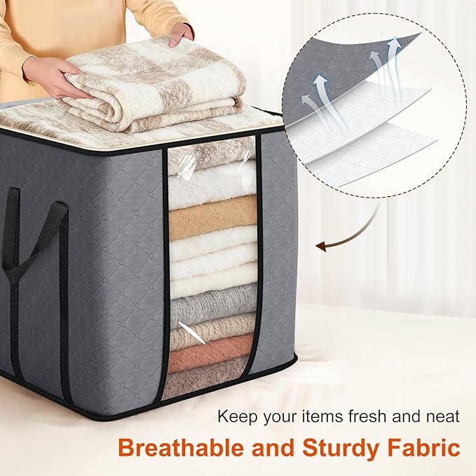 SLEEPING LAMB Extra Large 120L Blanket Storage Bags, 2 Packs Comforter Storage Bags for King Bedding Sheets and Breathable Clothes Containers for Closet Organizer Quilts, Pillows, Grey
