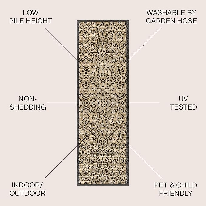 JONATHAN Y Vintage Filigree Indoor Outdoor Runner Rug 2X20 Black/Khaki, Madrid Textured Weave for Backyard, Patio, Porch, Easy-Cleaning, High Traffic, Pet-Friendly, Non-Shedding (SMB107A-220)