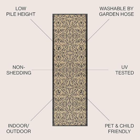 JONATHAN Y Vintage Filigree Indoor Outdoor Runner Rug 2X10 Black/Khaki, Madrid Textured Weave for Backyard, Patio, Porch, Easy-Cleaning, High Traffic, Pet-Friendly, Non-Shedding (SMB107A-210)