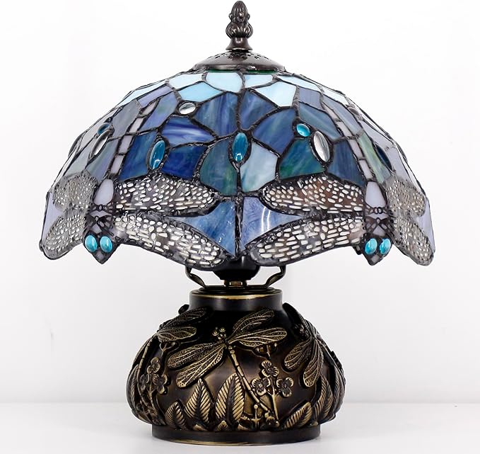 Small Tiffany Table Lamp Blue Dragonfly Style Stained Glass Desk Lamp 10X11.5 Inch Mushroom Table Light for Office Home Living Room Bedroom