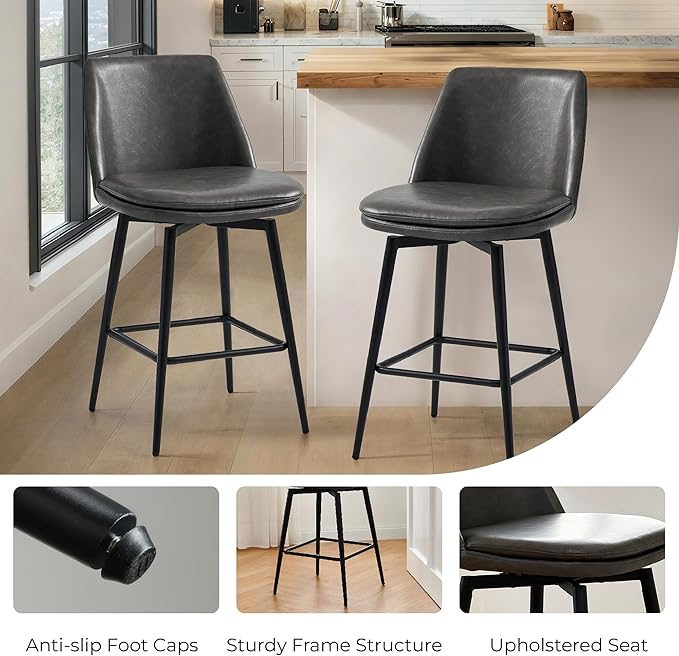 CHITA Swivel Bar Stools, 27.2" Counter Height Bar Stools Set of 2, FSC Certified Upholstered Modern Counter Stools, Metal Legs, Faux Leather, Grey