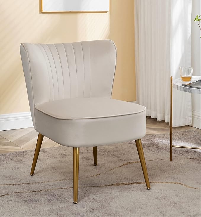 Modern Velvet Accent Chair for Living Room, Bedroom, or Entryway, Stylish and Comfortable Armless Design with Metal Legs, Ivory