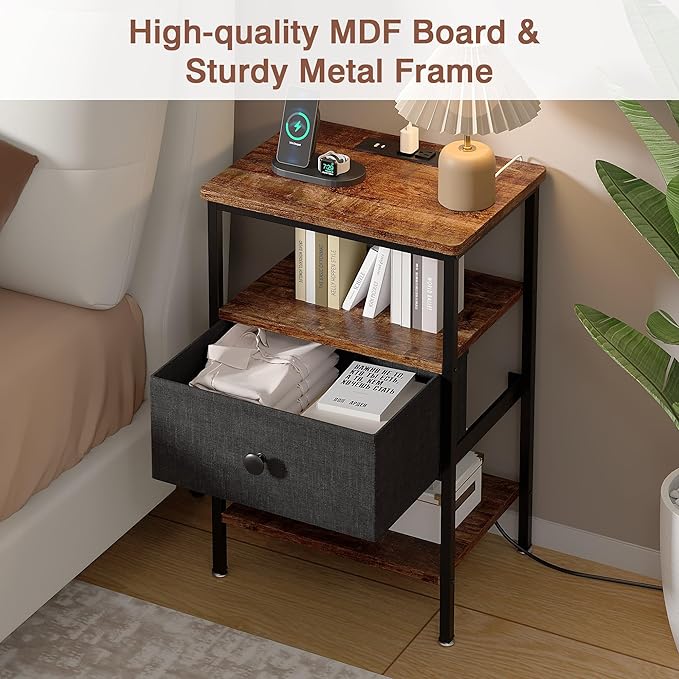 VECELO Nightstand with Charging Station,Bedside Table with Storage Shelf&Fabric Drawer,End Tables for Bedroom,Living Room,Small Spaces,Brown