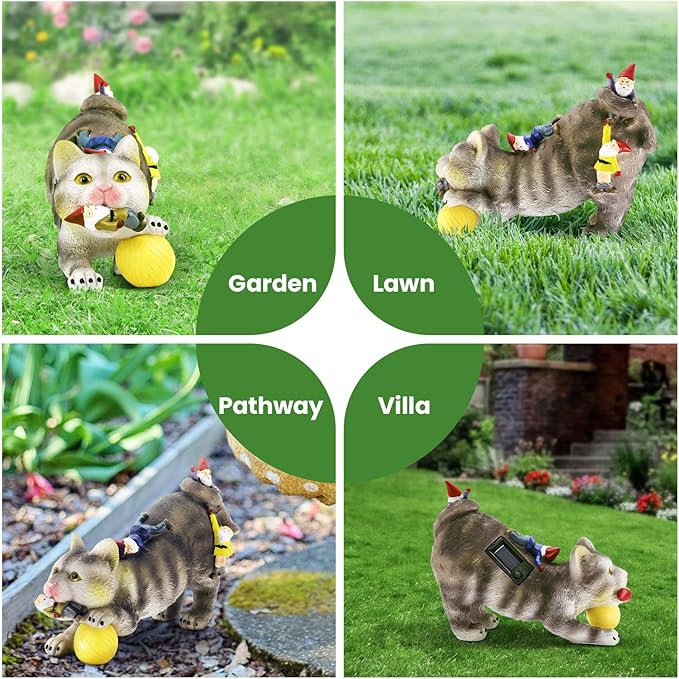 Lovinland Solar Garden Statues - Outdoor Decor - Solar Garden Gnomes & Cat Statues - Funny Cat Eating Gnome Figurine - Unique Birthday & Housewarming Gifts