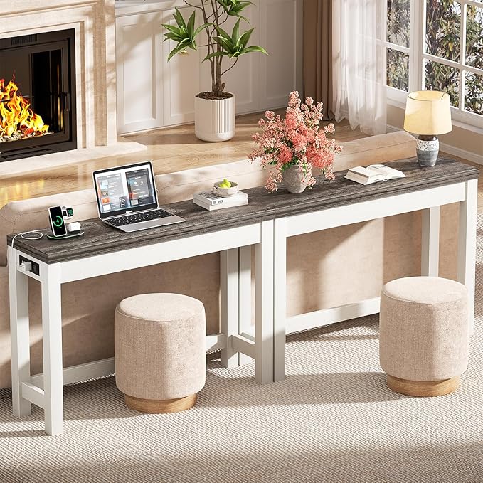Cyclysio 47" Console Tables for Entryway, Narrow Console Tables for Living Room, Behind Couch Table, Sturdy Wood Support Hallway Table with 3AC+2USB Charging‌ Station, Oak