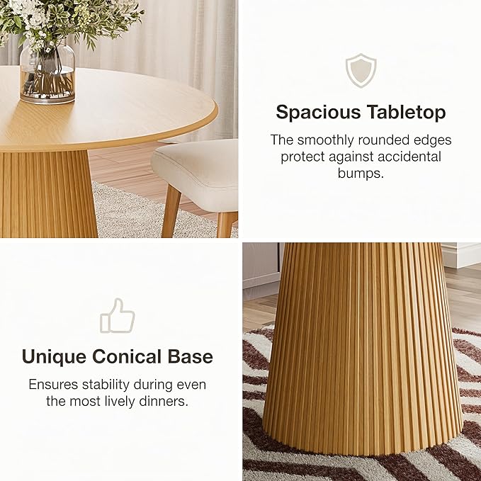 Casaphoria 46" Round Dining Table, Modern Wood Kitchen Table with Cone Grating Bar Base for Living Room & Dining Room, Easy Assembly Farmhouse Furniture for 4-6, Oak