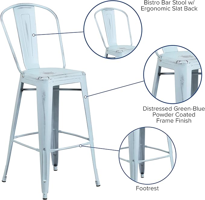 Flash Furniture Commercial Grade 30" High Distressed Green-Blue Metal Indoor-Outdoor Barstool with Back
