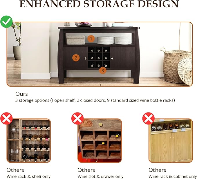 Furniture of America Clyton Modern Kitchen Buffet Storage Cabinet with Doors and Shelves, Wood Sideboard Table, Coffee Bars & 9 Grid Wine Rack, for Dining, Living Room, Dark Espresso