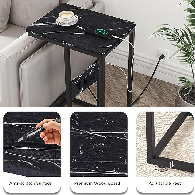 VECELO C-Shaped End Side Table with Charging Station & 2 USB Ports and Outlets for Living Room, Bedroom, with Adjustable Feet for Couch Sofa, Bedside, Small Spaces， Black Marble