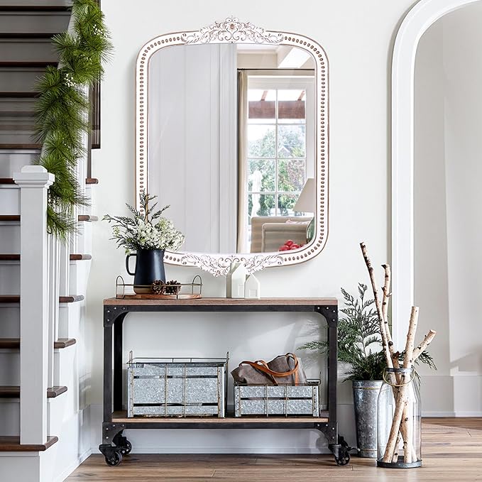 Wooden Baroque Wall Mirror: 30x42 Inch Rustic Farmhouse Mirror - Ornate Decorative Mirrors for Fireplace, Living Room, Bedroom, Entryway, Bathroom - Vertical/Horizontal