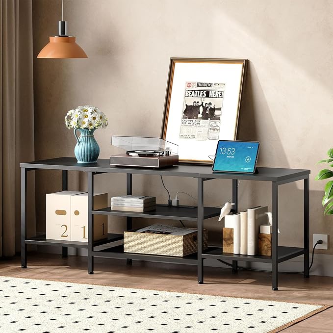HOOBRO TV Stand with Power Outlets to 65 Inches, TV Console Table with Open Storage Shelves, Industrial Media Entertainment Center for Living Room Bedroom, Black BB40DS01