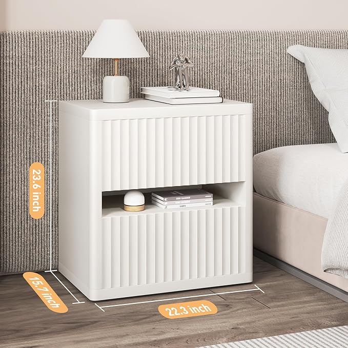 Dripex Fluted Nightstand Set of 2, 22'' Wide Night Stand with 2 Large Drawers, Mid Century Modern Wood Bedside Table with Open Shelf, Large Bed Side End Table for Bedroom, White