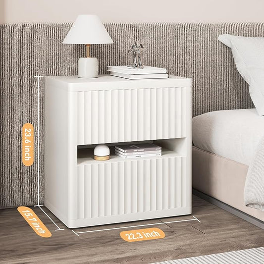 Dripex Fluted Nightstand Set of 2, 22'' Wide Night Stand with 2 Large Drawers, Mid Century Modern Wood Bedside Table with Open Shelf, Large Bed Side End Table for Bedroom, White