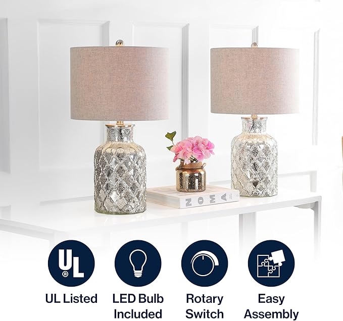 JONATHAN Y 24.5" Alvord Mercury Silver Quatrefoil Glass Table Lamp Set of 2, Contemporary Nightstand Lamps with Grey Linen Drum Shade, UL Listed, LED Bulbs Included JYL1075A-SET2
