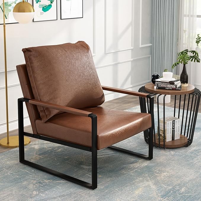 AWQM Modern PU Leather Accent Chair Arm Chair with Extra-Thick Padded Backrest and Seat Cushion Sofa Chairs for Living Room Bedroom, 105 Degree Slant Back, Non-Slip Adsorption Feet-Brown-1（Set of 1）