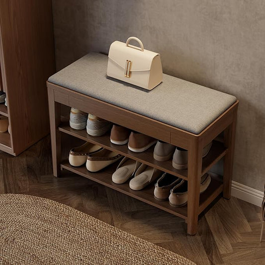 Small Shoe Bench with Storage, Wooden Shoe Storage Bench with Cushion&Hidden Drawer, 2-Tier Shoe Rack Bench for Entryway, Mudroom, Hallway