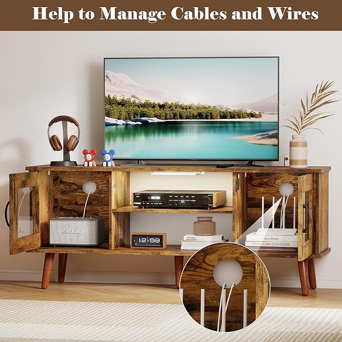 Wood TV Stand for 55 Inch TV, Mid Century Modern Entertainment Center with Adjustable Shelf, Sensor LED Light, 2 Cabinets, TV Media Console for Living Room Bedroom Rustic Brown
