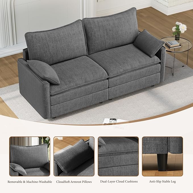 Vesgantti 74" Loveseat Sofa for Living Room, Comfy Cloud Couch Deep Seat Chenille Modern 2 Seater Small Sofa with Armrest Pillow, Easy Assembly for Small Spaces, Gray | Sink-in Comfort, Height Adjustable, Easy Rearrangement, Extra-deep Ottoman, Solid W...