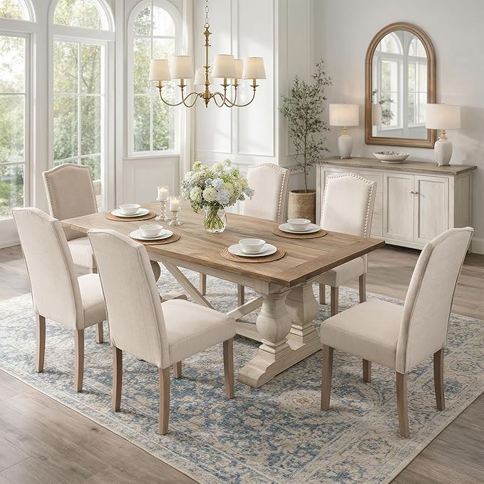 Upholstered Dining Chair Modern Stylish Parsons Kitchen Diner High Back with Silver Nailhead Trim & Wood Legs, Set of 6, Fabric Beige
